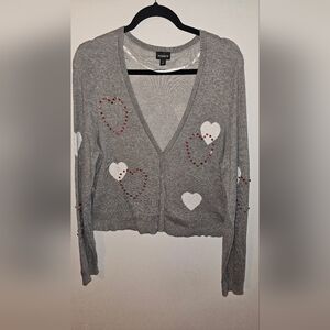 Torrid Gray Cropped Soft Sweater W/ Red Jeweled Hearts Great For Valentines Day